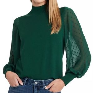 CeCe Green Turtleneck Sweater with Sheer Sleeves